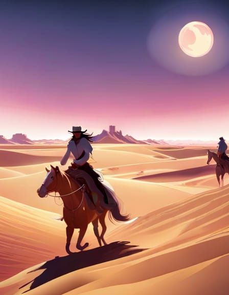 Cowboy and Cowgirl Ride to Desert Casino in Art Nouveau Styl...