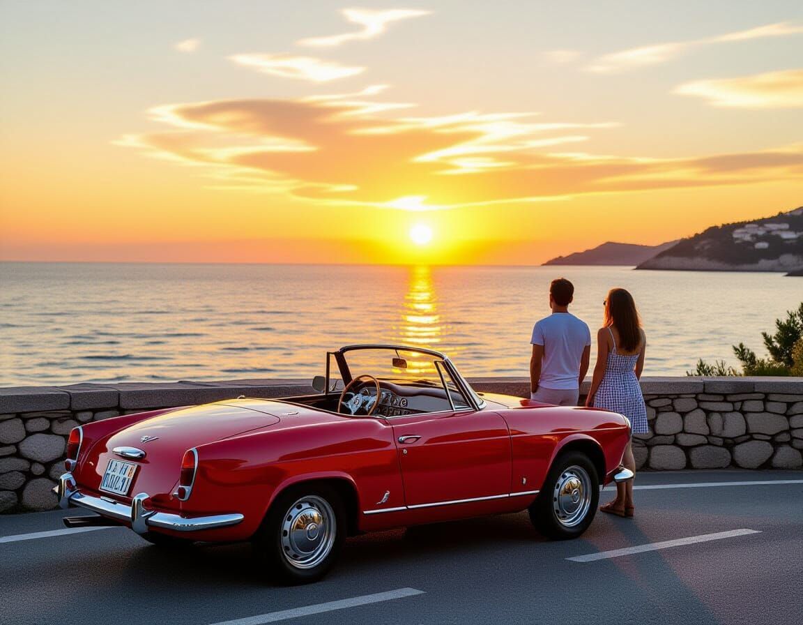 Vintage Red Convertible at Sunset Over the Sea