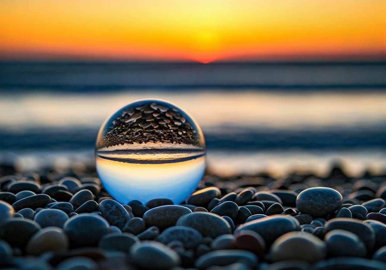 Crystal Ball on Beach Reflects Vibrant Sunset in Shimmering ...