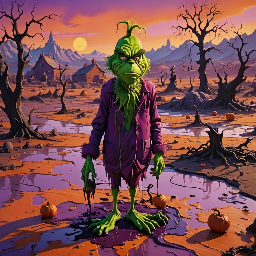 Grinch Melts into Spooky Surrealist Halloween Landscape