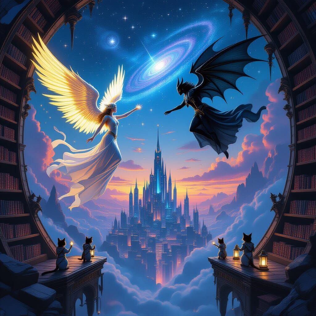 Angel and Demon Duel Above Cyberpunk City