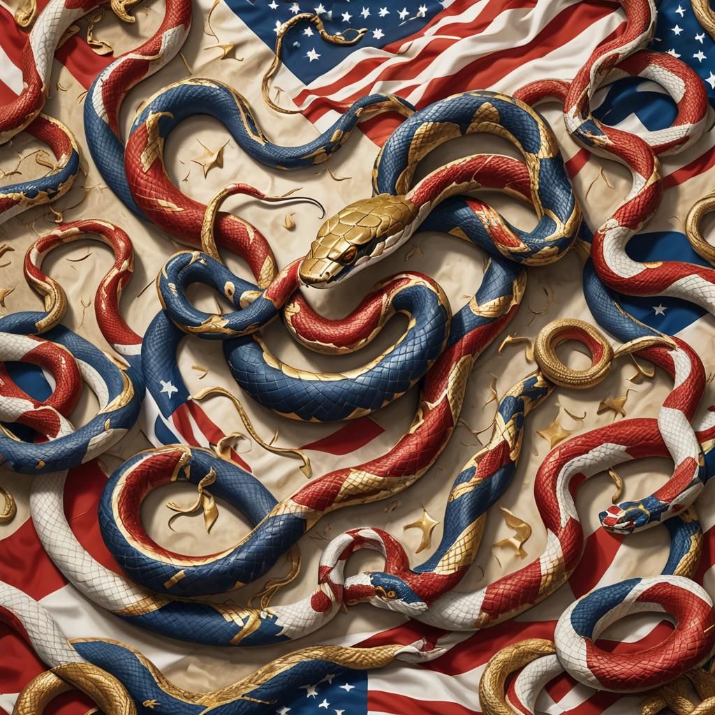 Combat of Snakes with USA and China Flags