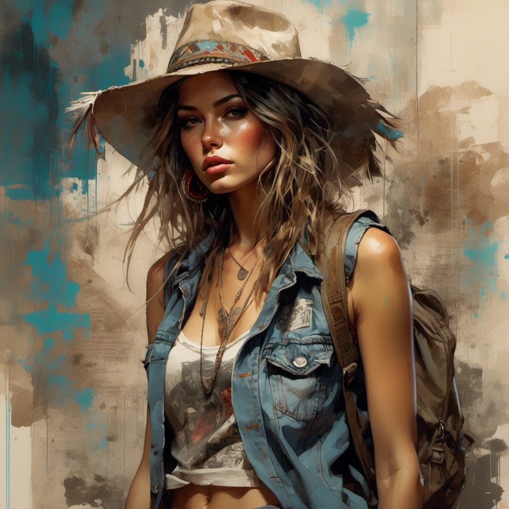 Attractive Hipster Girl in Grunge Poster Art Style