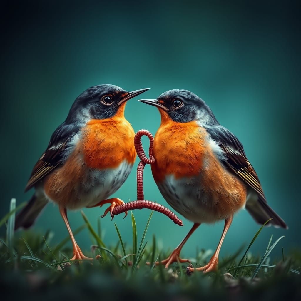 Majestic Robins in a Vibrant Blue-Green Swirl Landscape