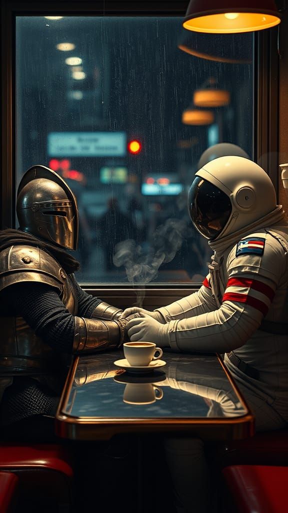 Knight and Astronaut Share Quiet Diner at 3 AM