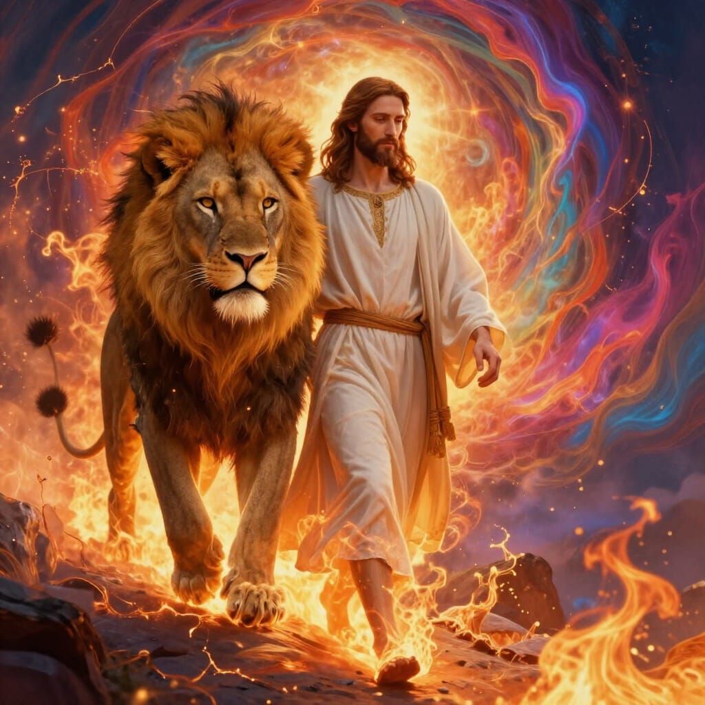 Jesus and Lion on Fiery Path