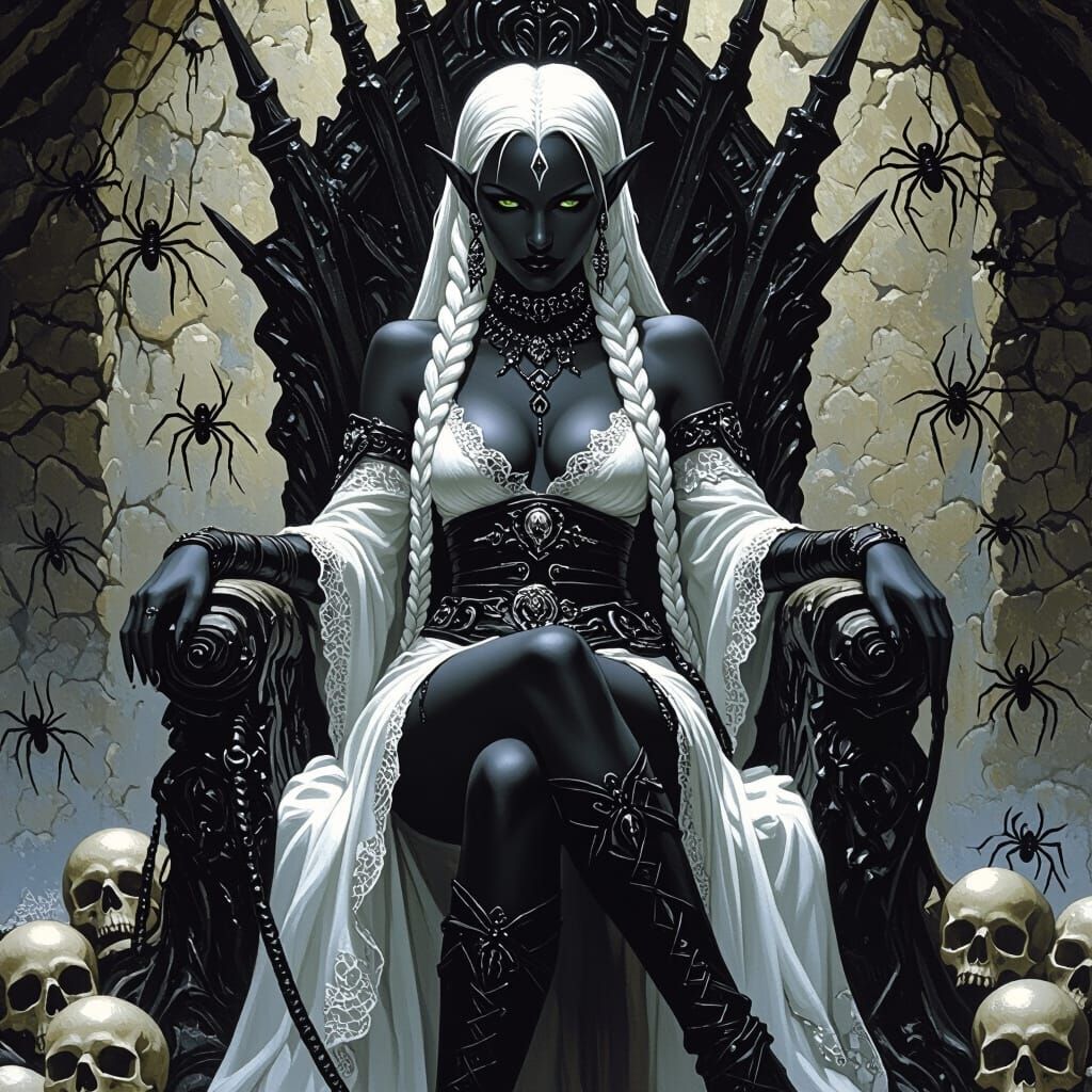 Drow Priestess with Spiders in Dark Cavern