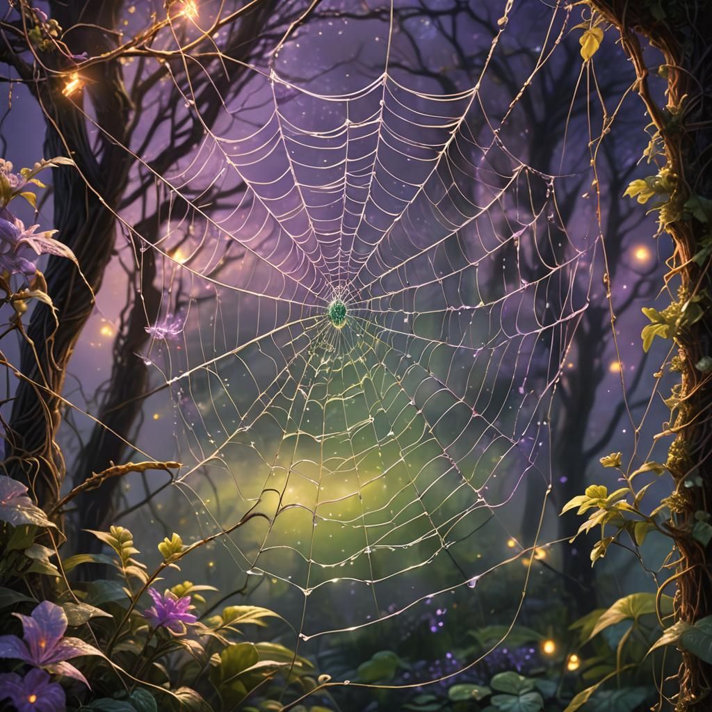 Glowing Spider Web in Ethereal Landscape