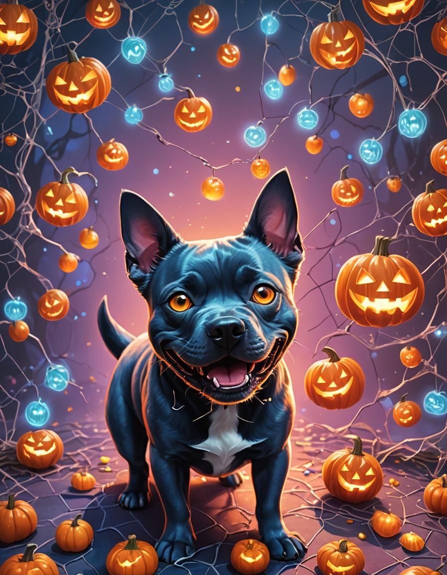 Blue Staffy and Jack-o-Lantern in Candy Art Style