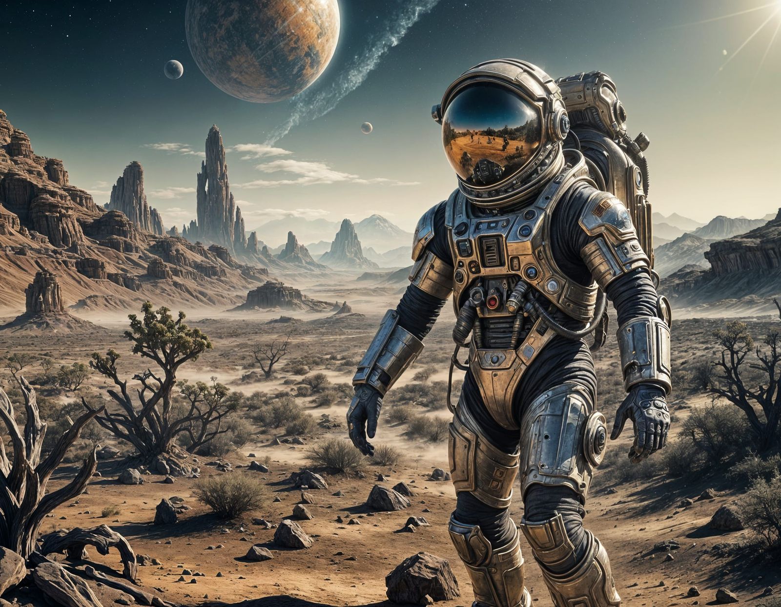 Alien Planet Landscape with Astronaut, Sci-Fi Concept Art