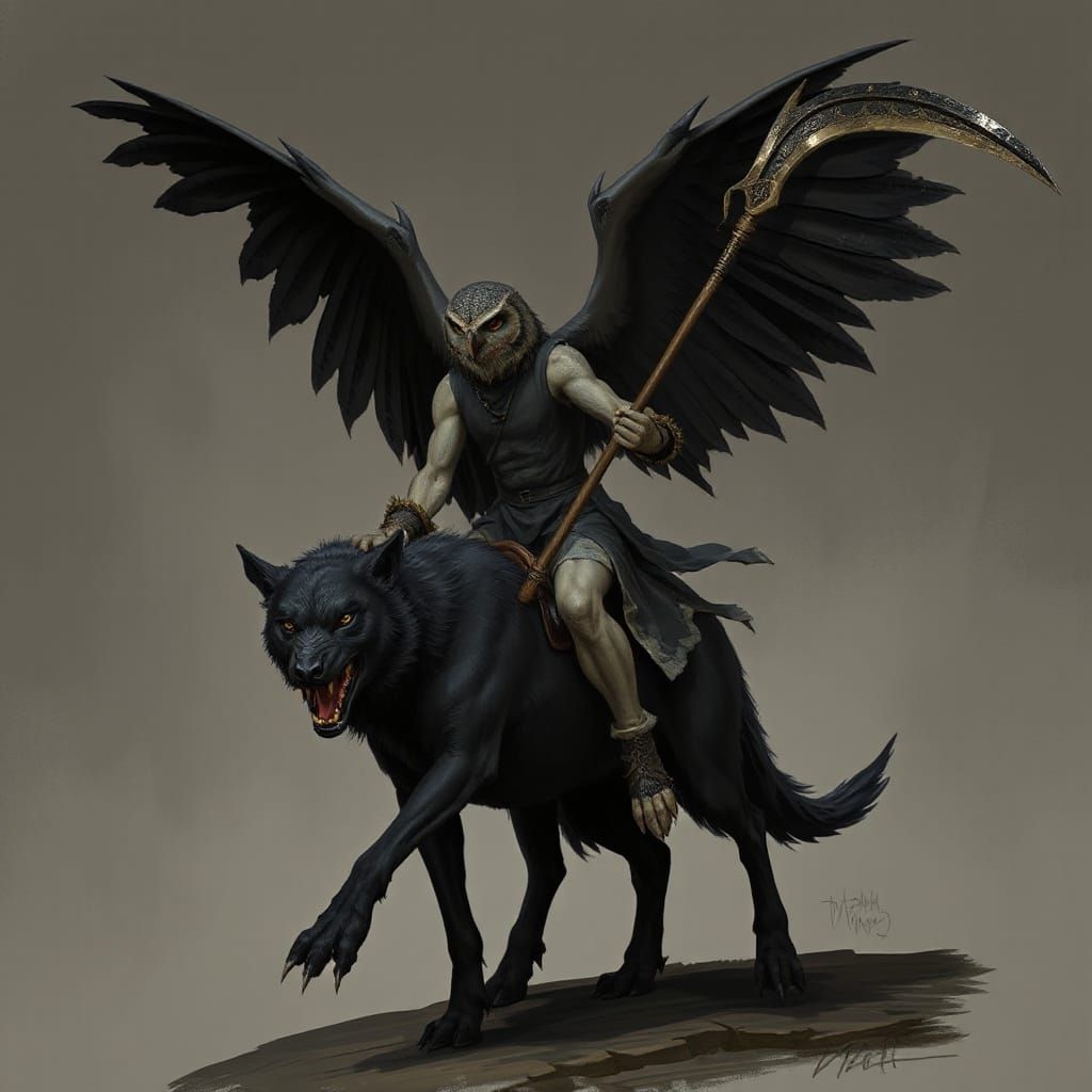 Surreal Demon Rides Black Wolf with Scythe