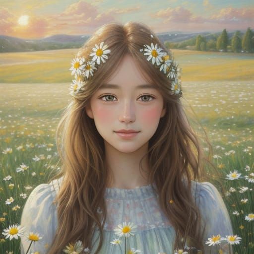 Impressionist Portrait of Girl with Daisies in Golden Hour