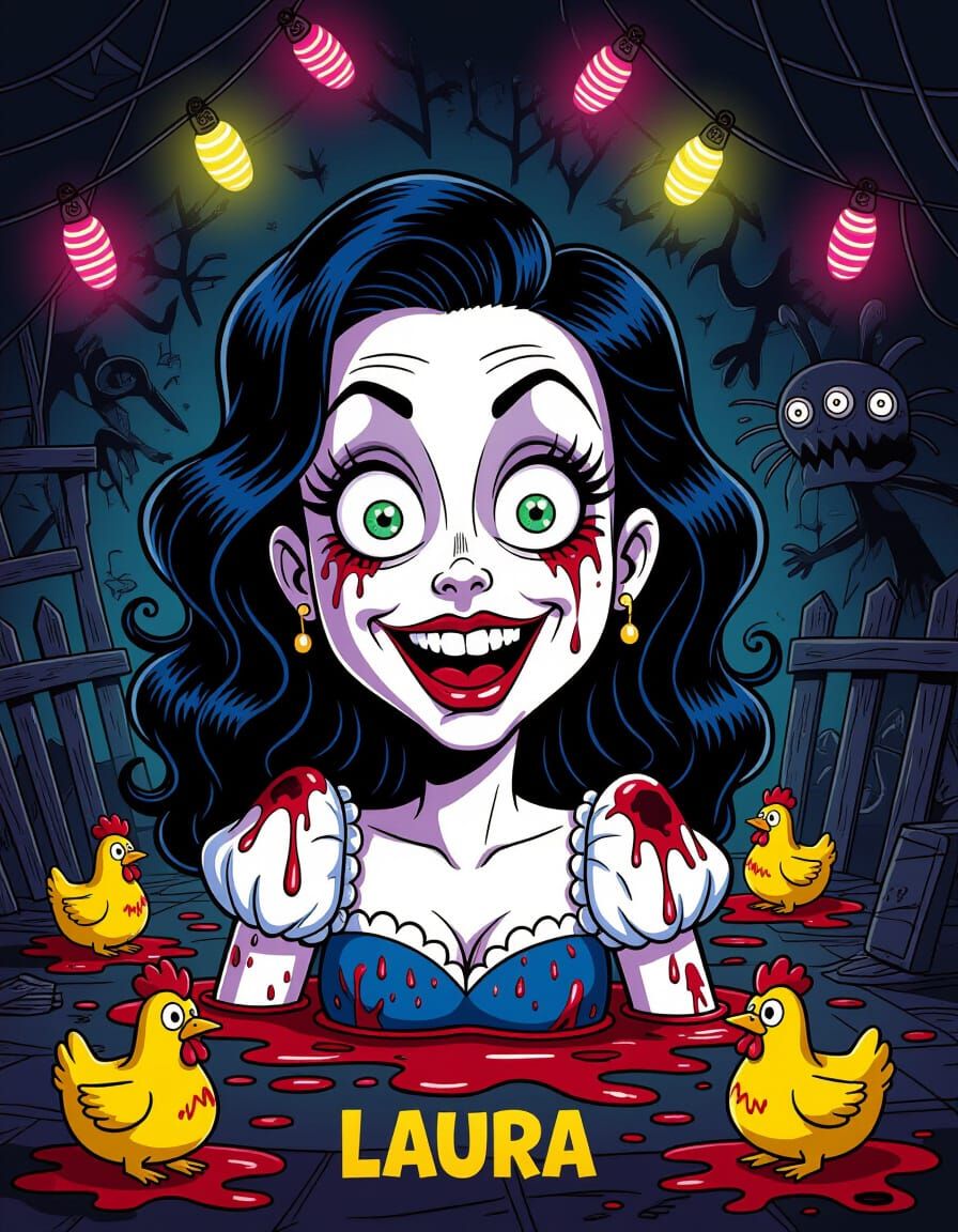 Grotesque Cartoon Laura in Dark Horror Comedy Scene