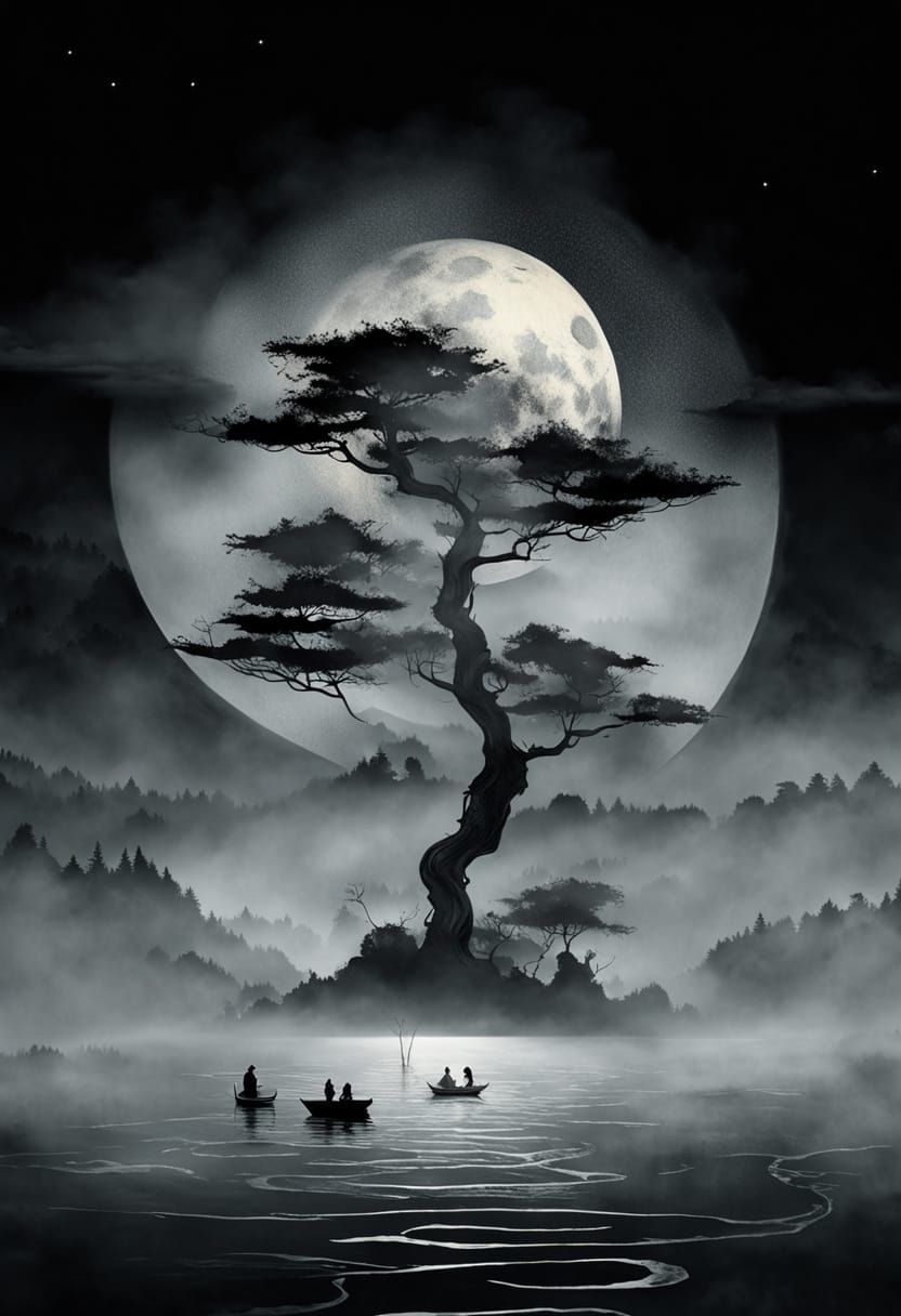 Surreal Yin Yang Sun Moon with Steampunk Cities