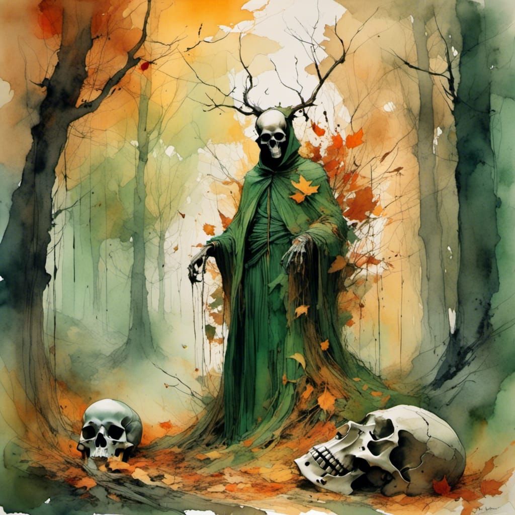 Traveler Finds Skull in Dark Ages Autumn Forest