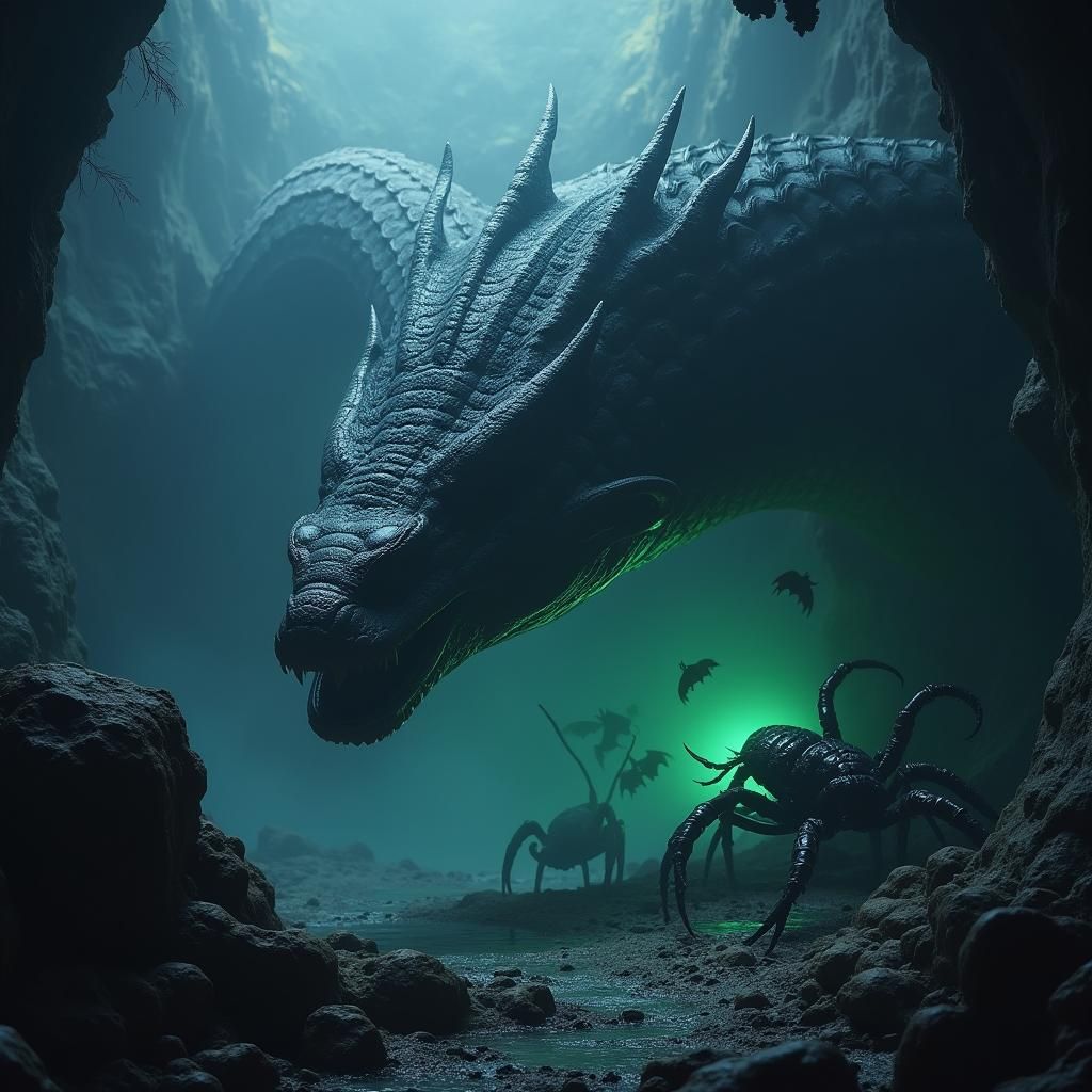 Menacing Serpent Fusion with Bioluminescent Bats