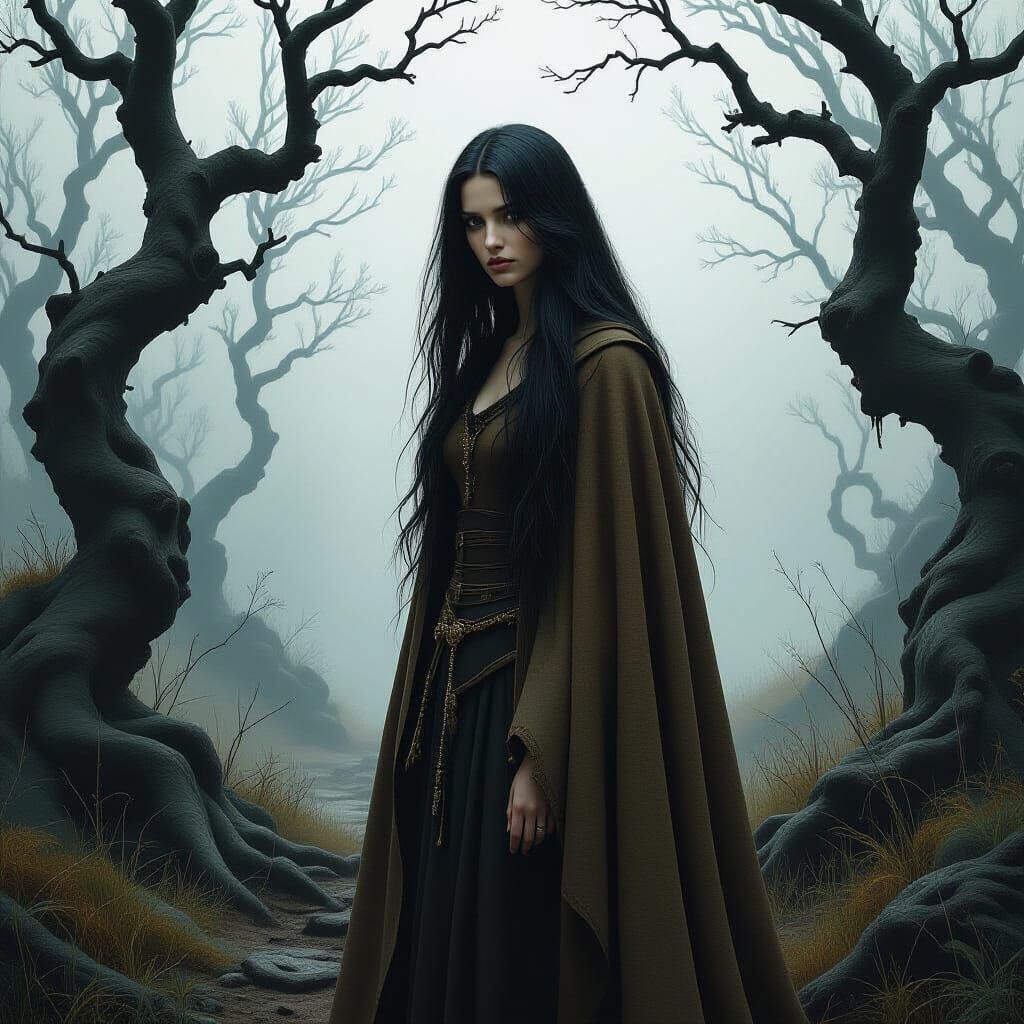 Eerie Forest Clearing: Sorrowful Woman in Mystical Realism