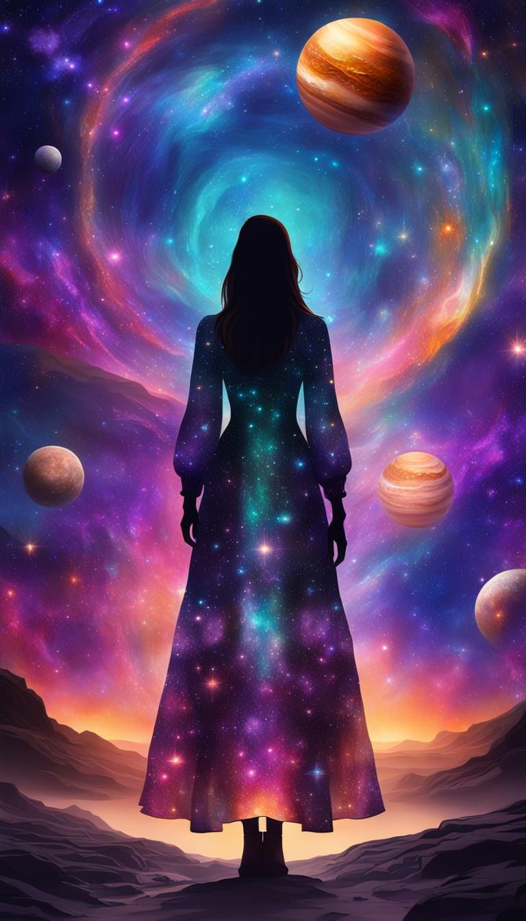 Cosmic Woman in Galaxy Dress: Holographic Illustration