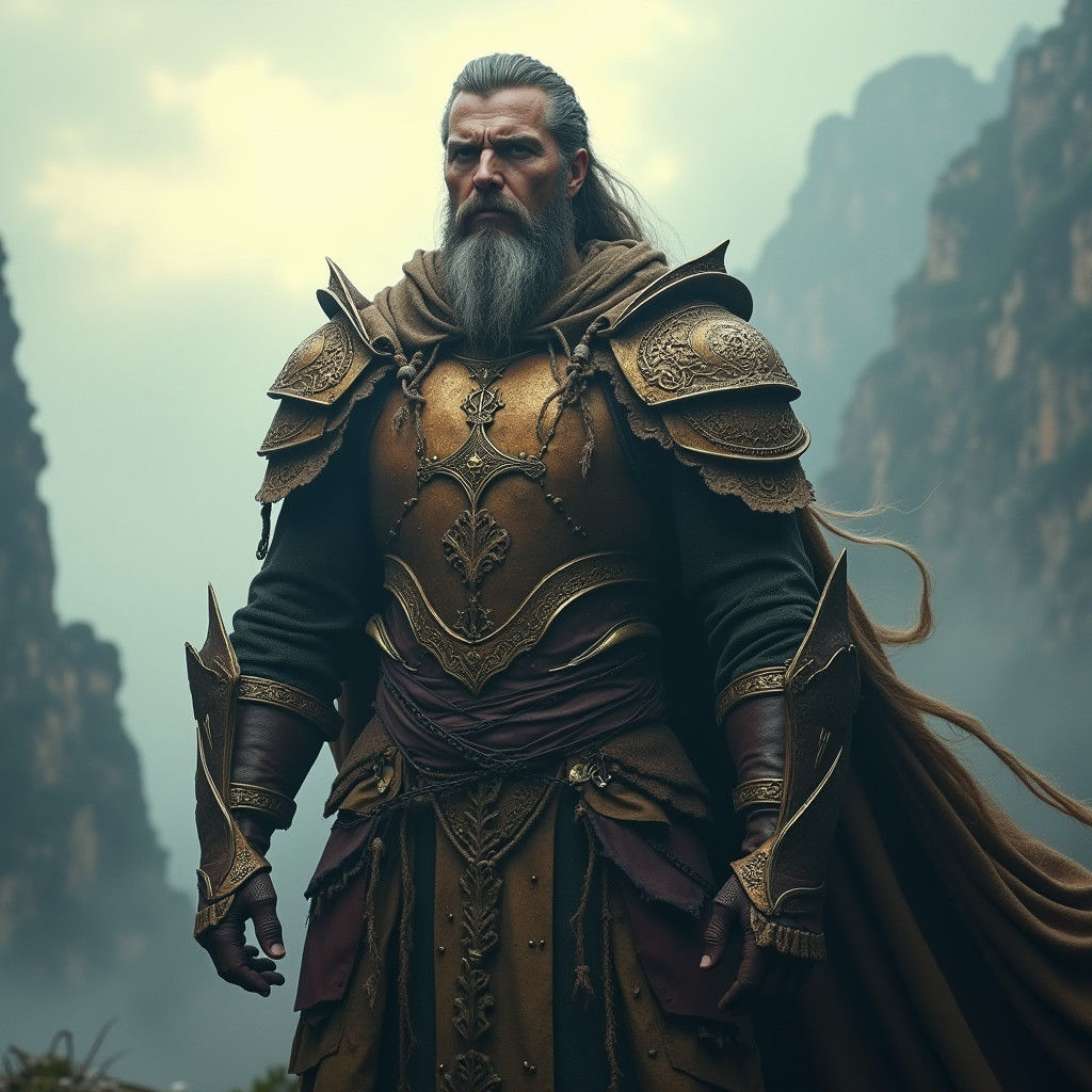 Hero in Mystical Armor Amidst Misty Landscape