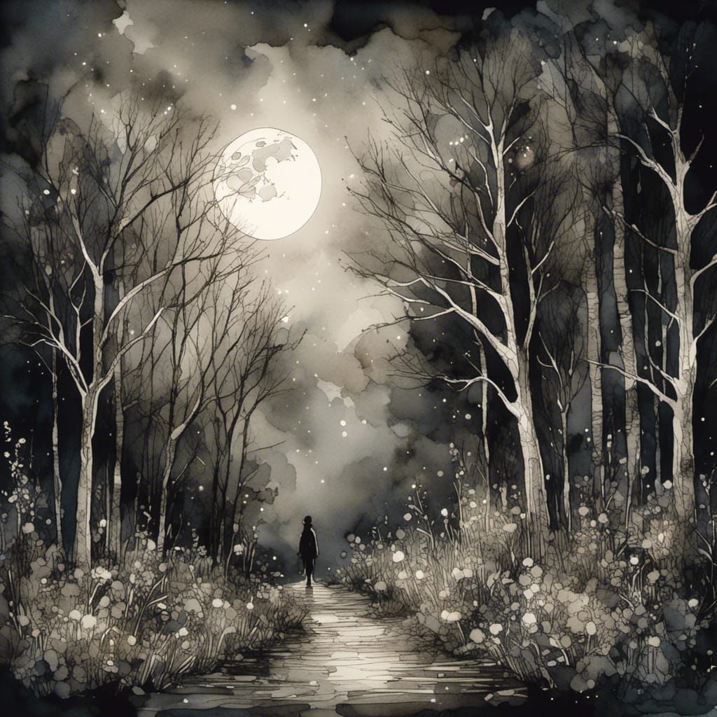 Moonlit Forest Walk in Watercolor and Ink Style
