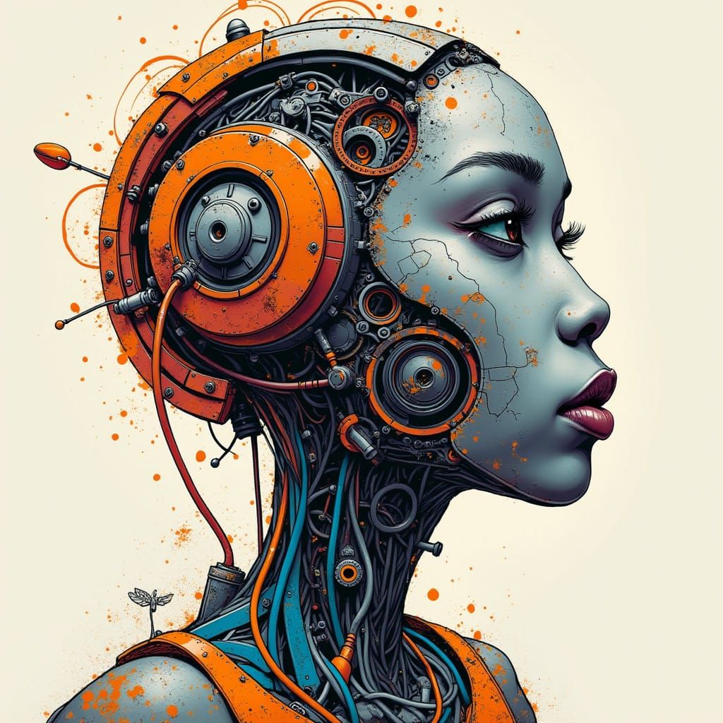 Mechanical African Portrait in Scribble Doodle Art Style