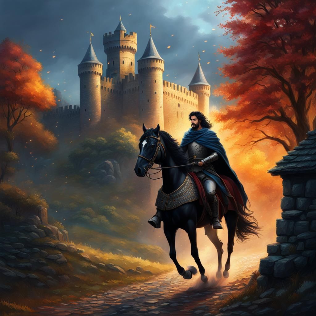 Indian Knight Rides to Castle: Impressionist Oil Painting