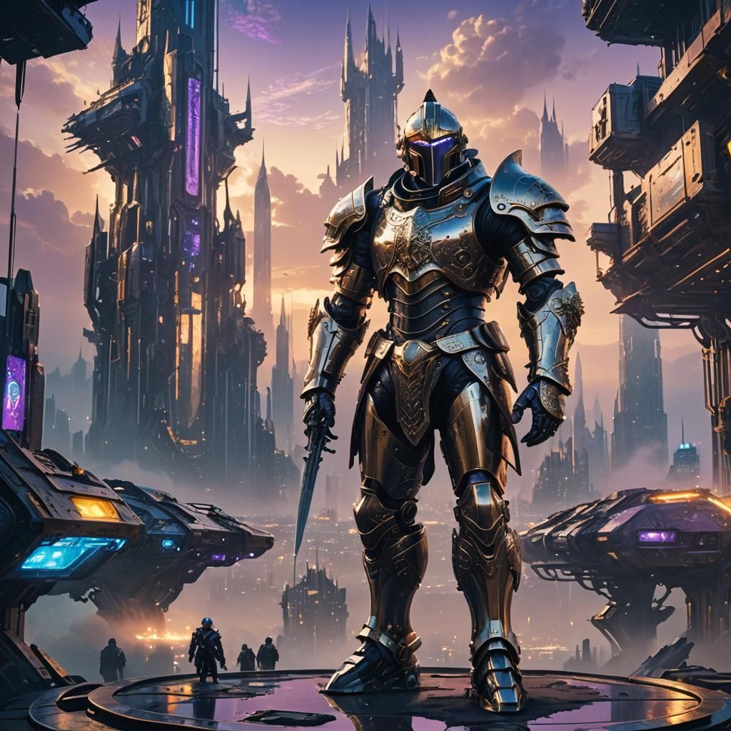 Sci-Fi Knight in Futuristic Cityscape