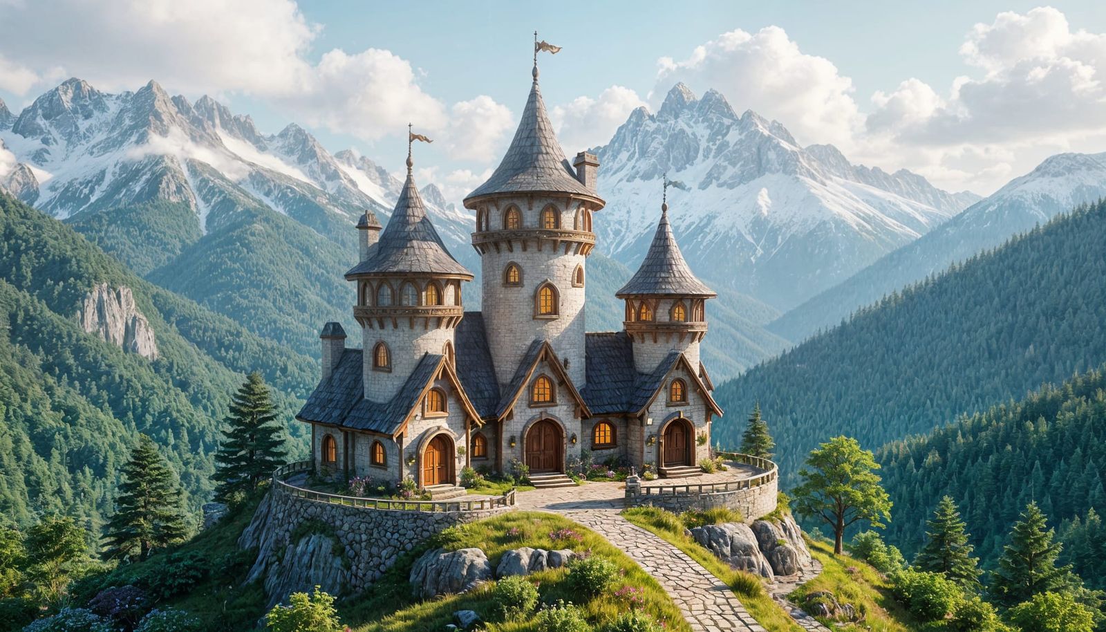 Whimsical Elvish Cottages on Mountaintop Landscape