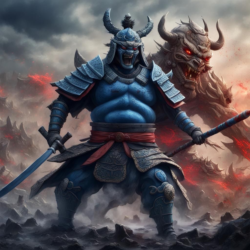 Samurai Warrior vs Giant Oni: Detailed Matte Painting