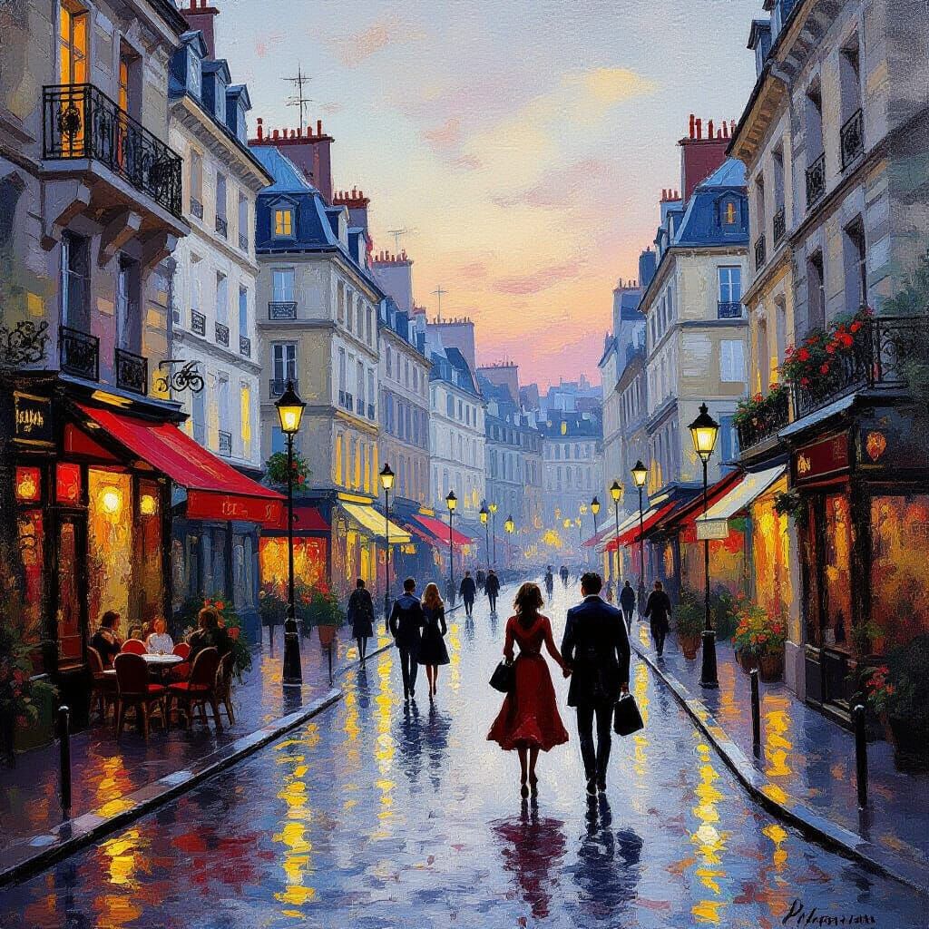 Romantic Parisian Street at Dusk Oil Painting