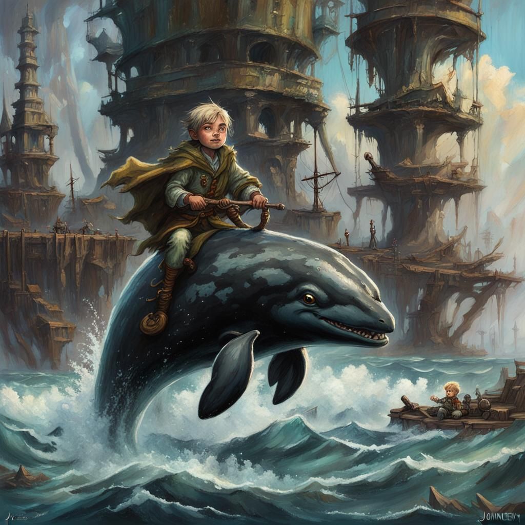 Halfling Druid Rides Whale in Oil Painting Style