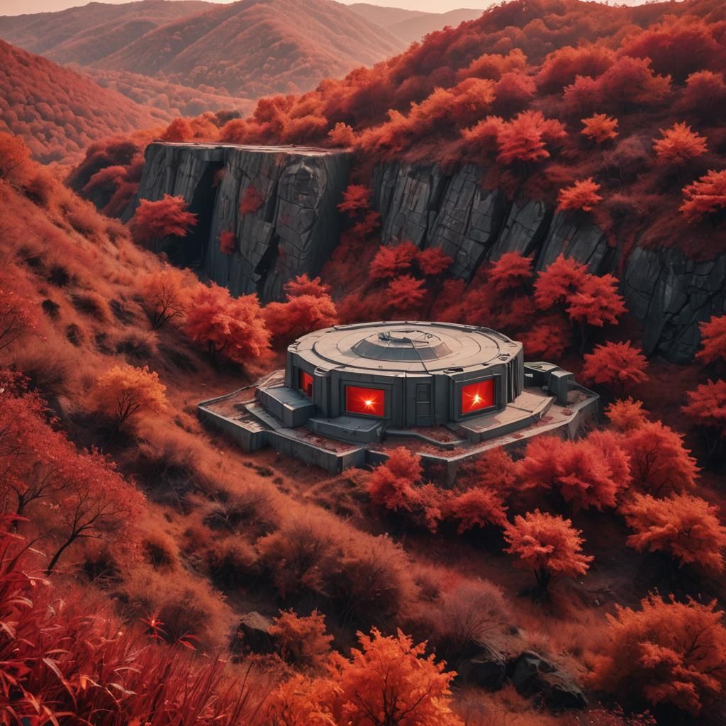 Sci-fi military bunker embedded in a hill, Red jungle, close orbit of a red star in the sky, red leaves, red trees, oran...