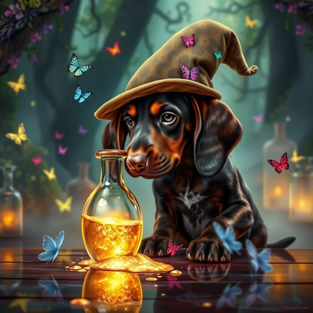 German Shorthaired Pointer Puppy in Wizard Hat with Magic Po...