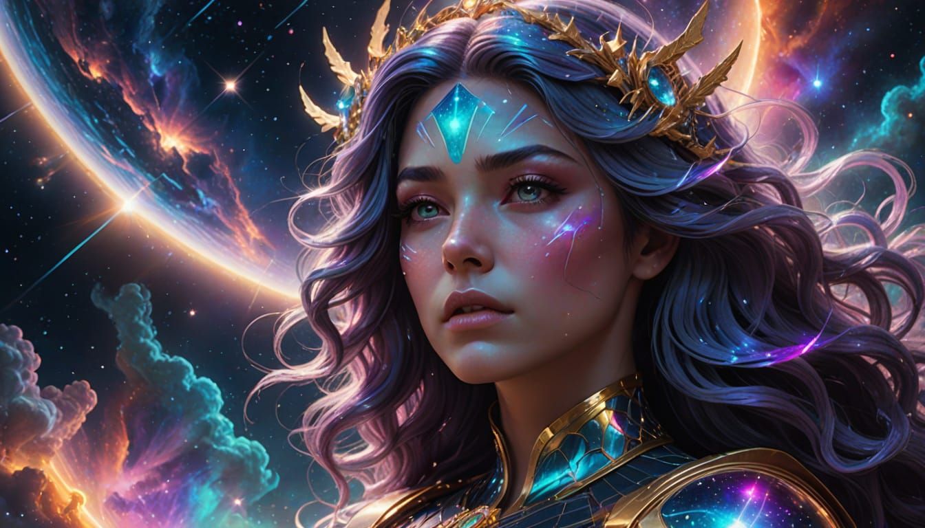 Celestial Goddess Weeping in Nebula, Digital Art