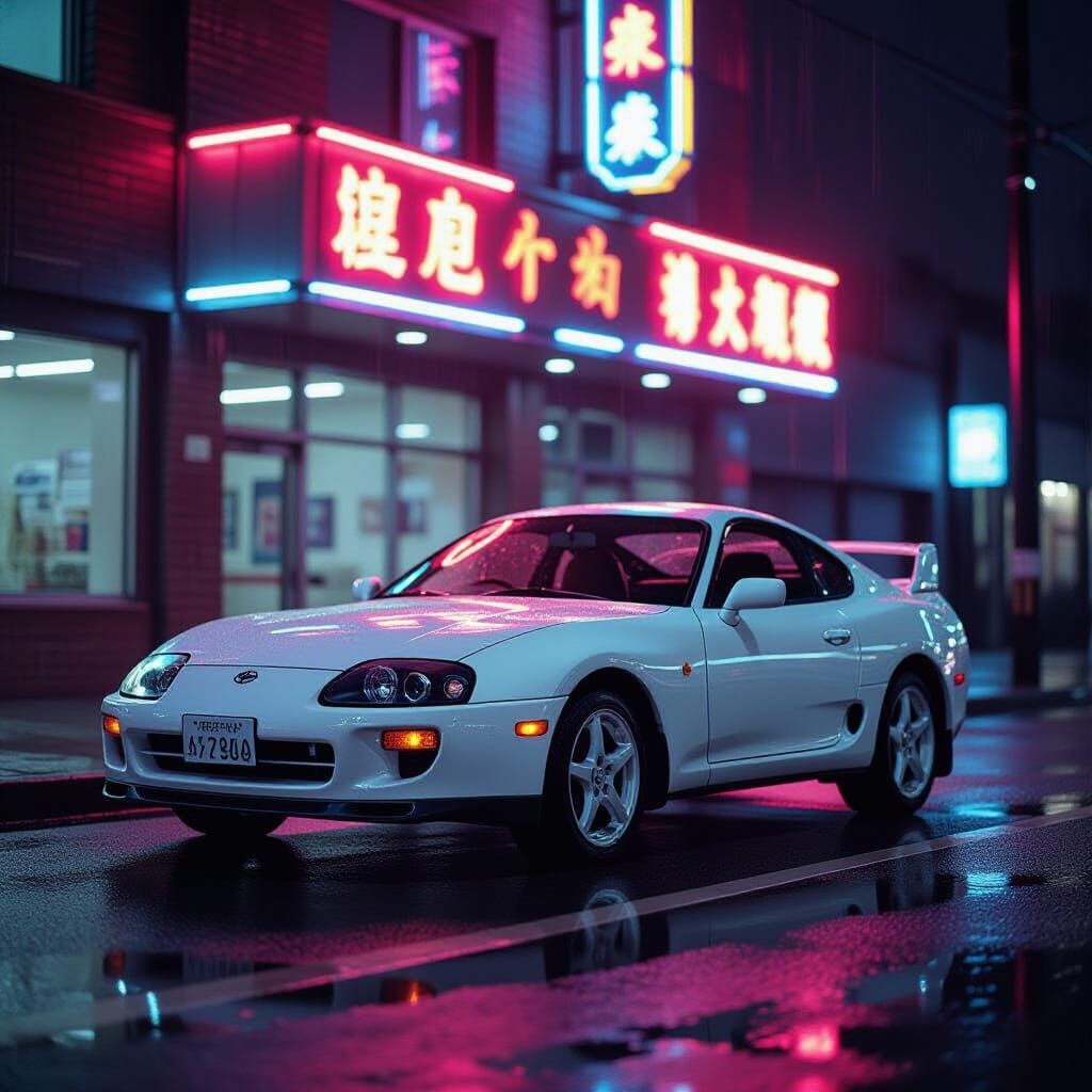 1990s Polaroid: Toyota Supra Under Neon Rain