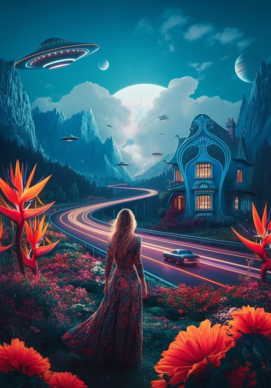 Surreal Futuristic Landscape Collage in Vibrant Colors and W...