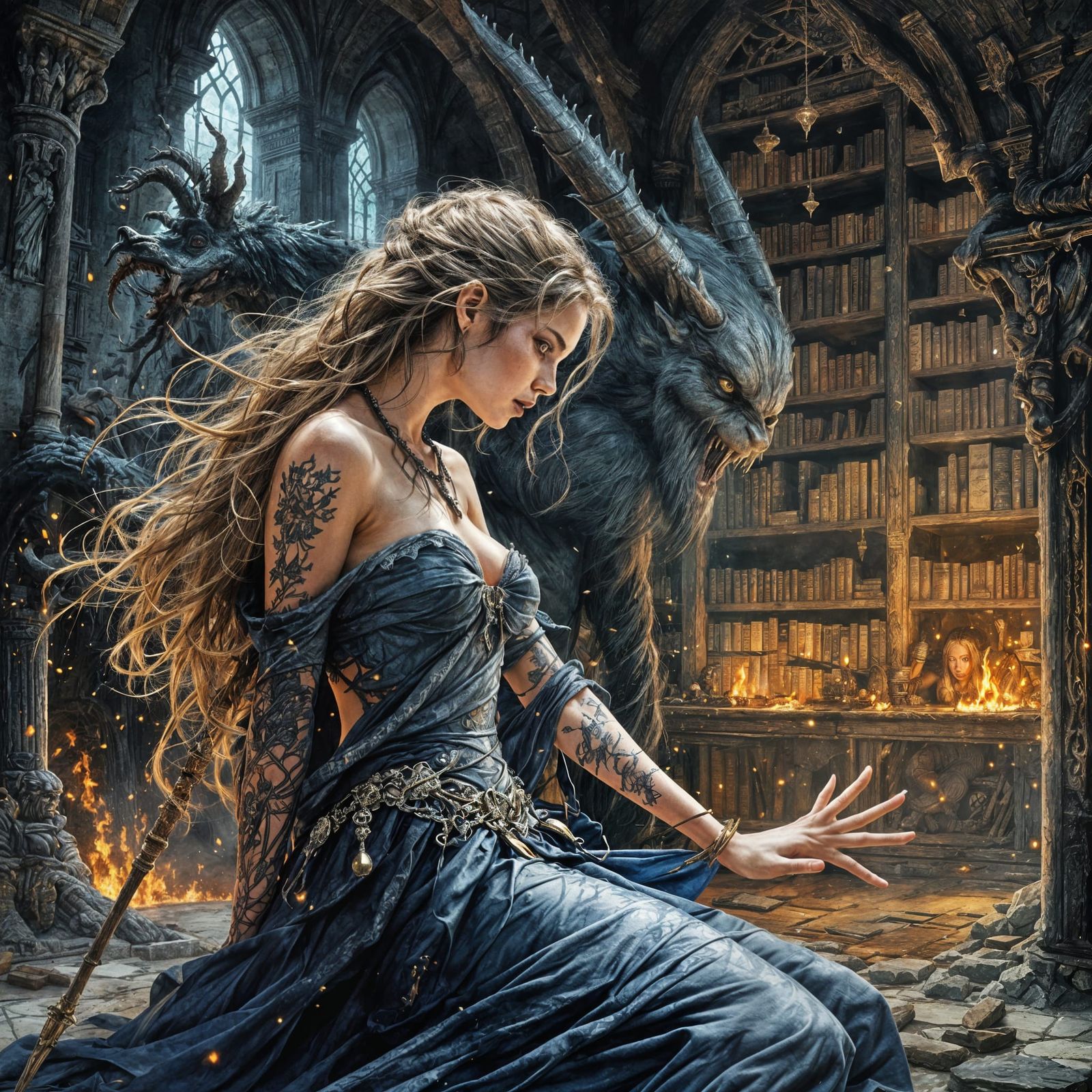 Wizard's Duel in Burning Library: Royo and Manara Style