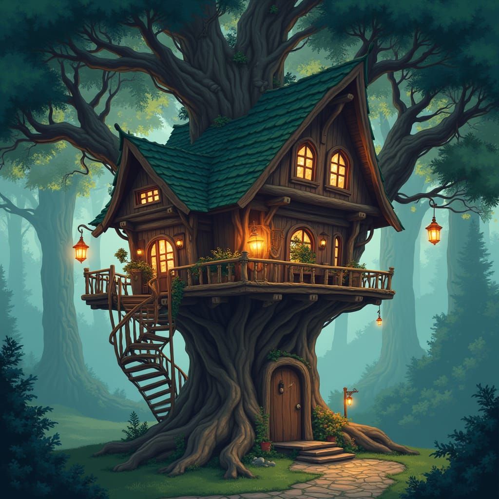 Whimsical Treehouse Wrapped Around Redwood in Isometric Styl...