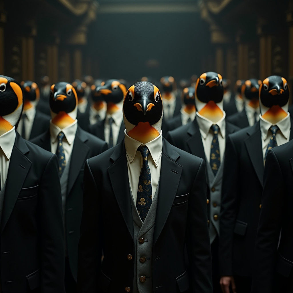 Penguins in Suits: A Cinematic Film Still
