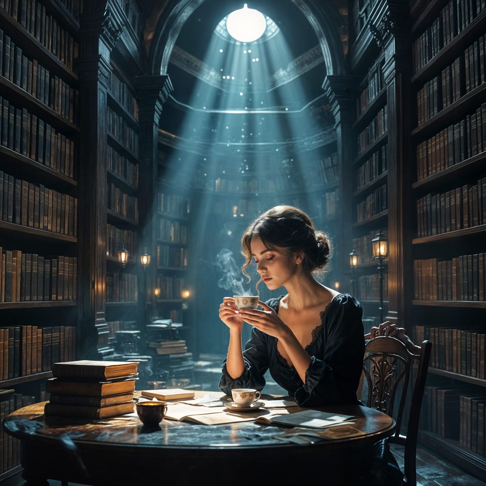 Solitary Librarian in Moonlit Library