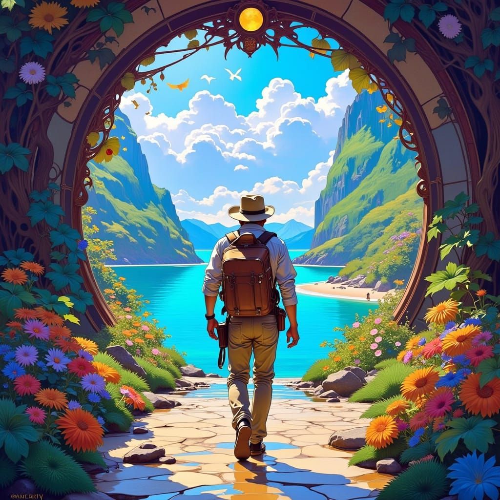 Explorer Enters Portal to Lush Landscape