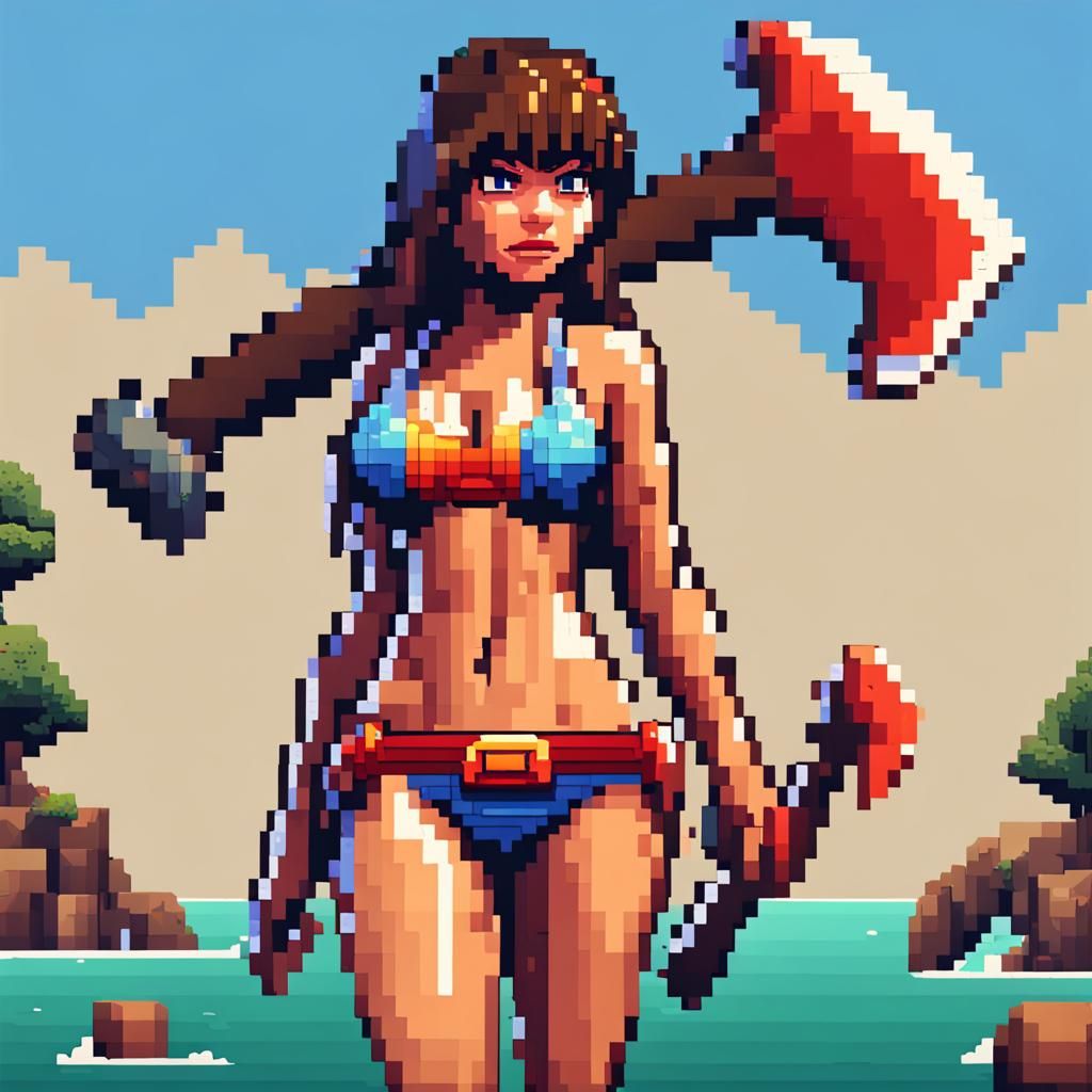 Bikini Warrior with Axe in Pixel Art Style