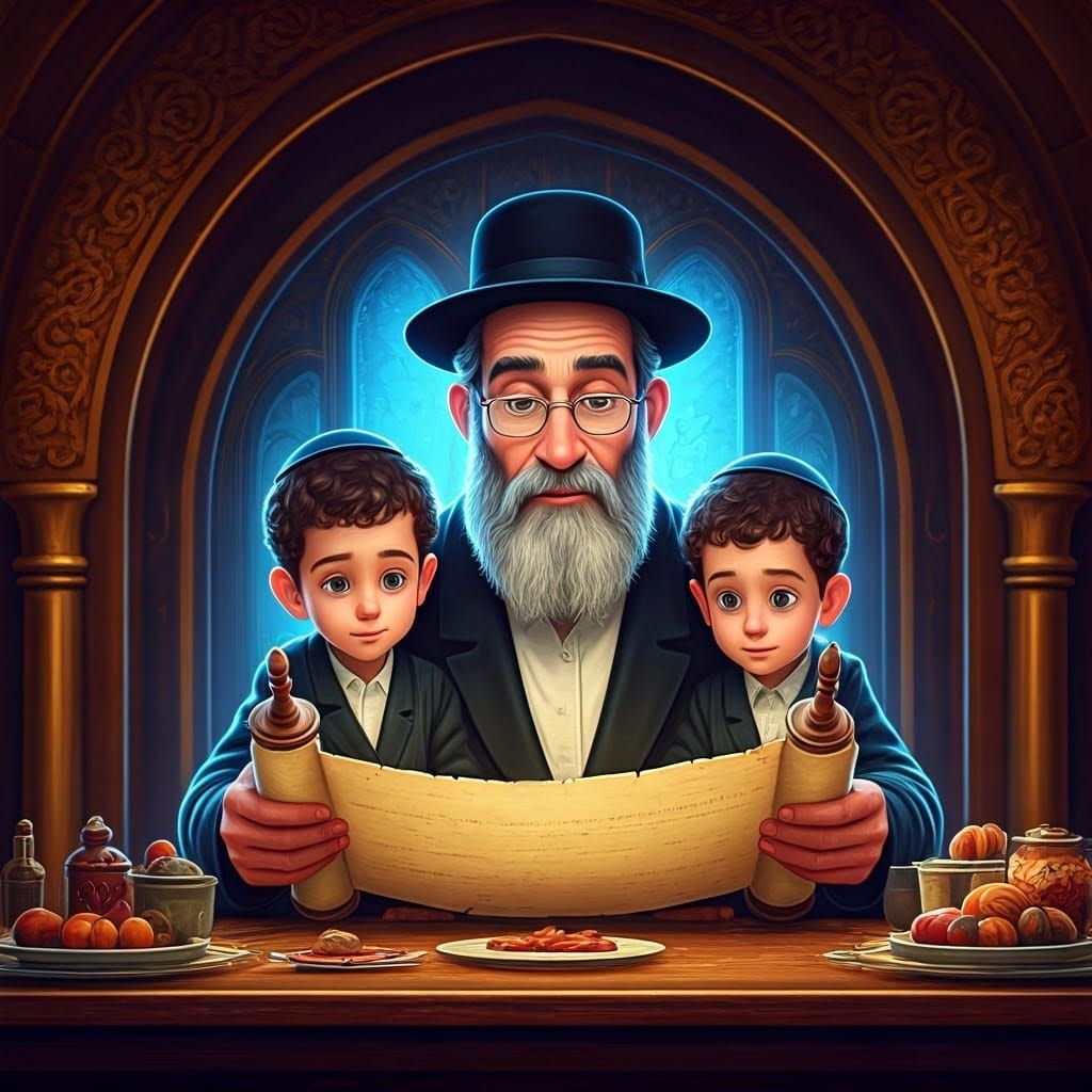 Warm Hasidic Family Moment in Vibrant Comic Art