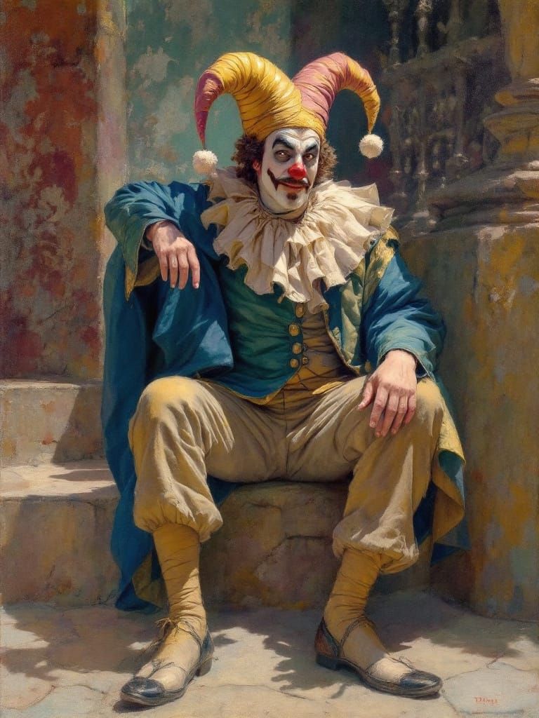 Maxfield Parrish Style Painting of a Court Jester
