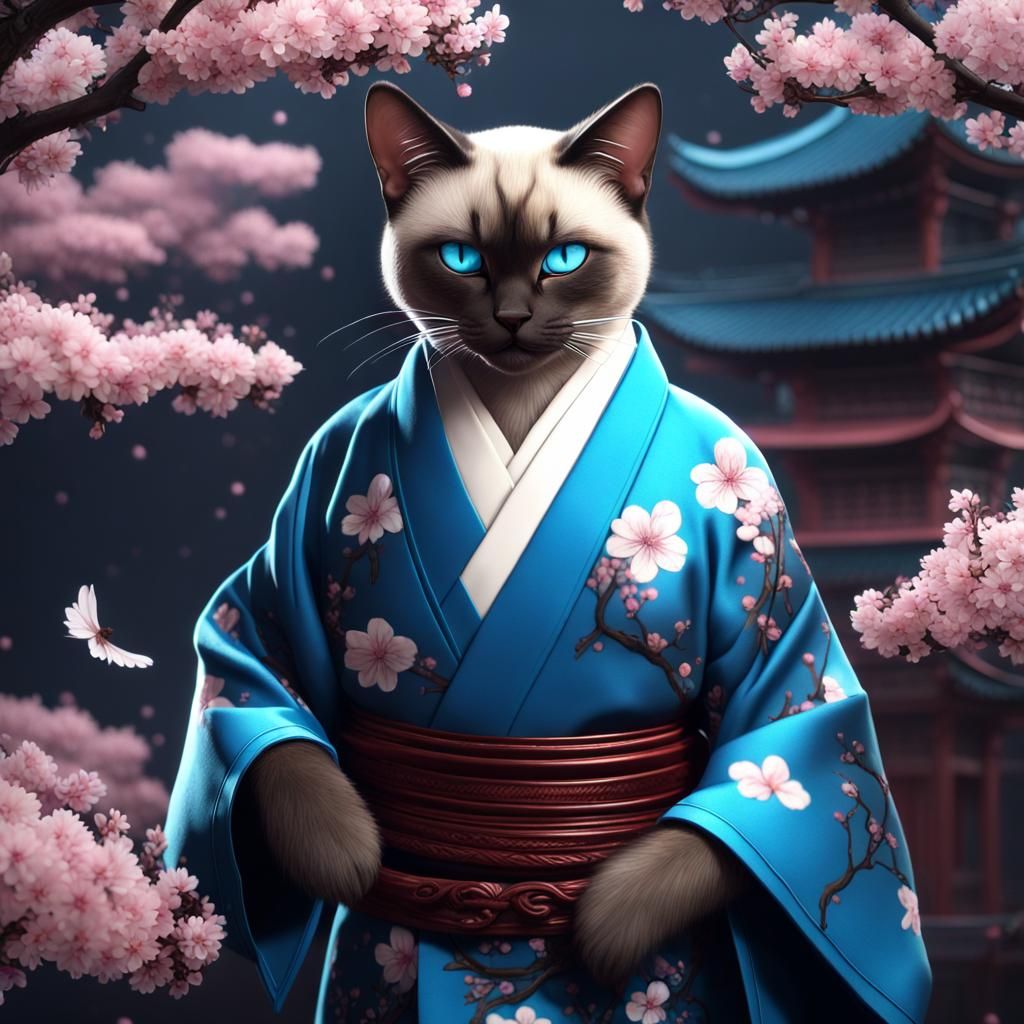 Siamese Cat in Kimono with Cherry Blossoms