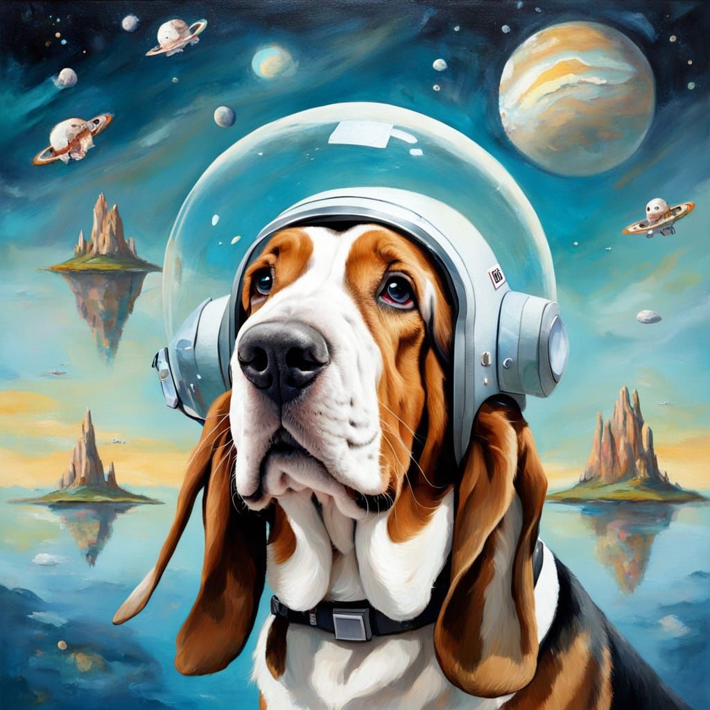 Basset Hound Astronaut Gazes at Floating Islands in Dreamlik...