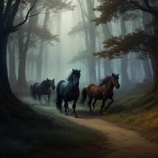 Wild Horses in Mystical Forest Concept Art