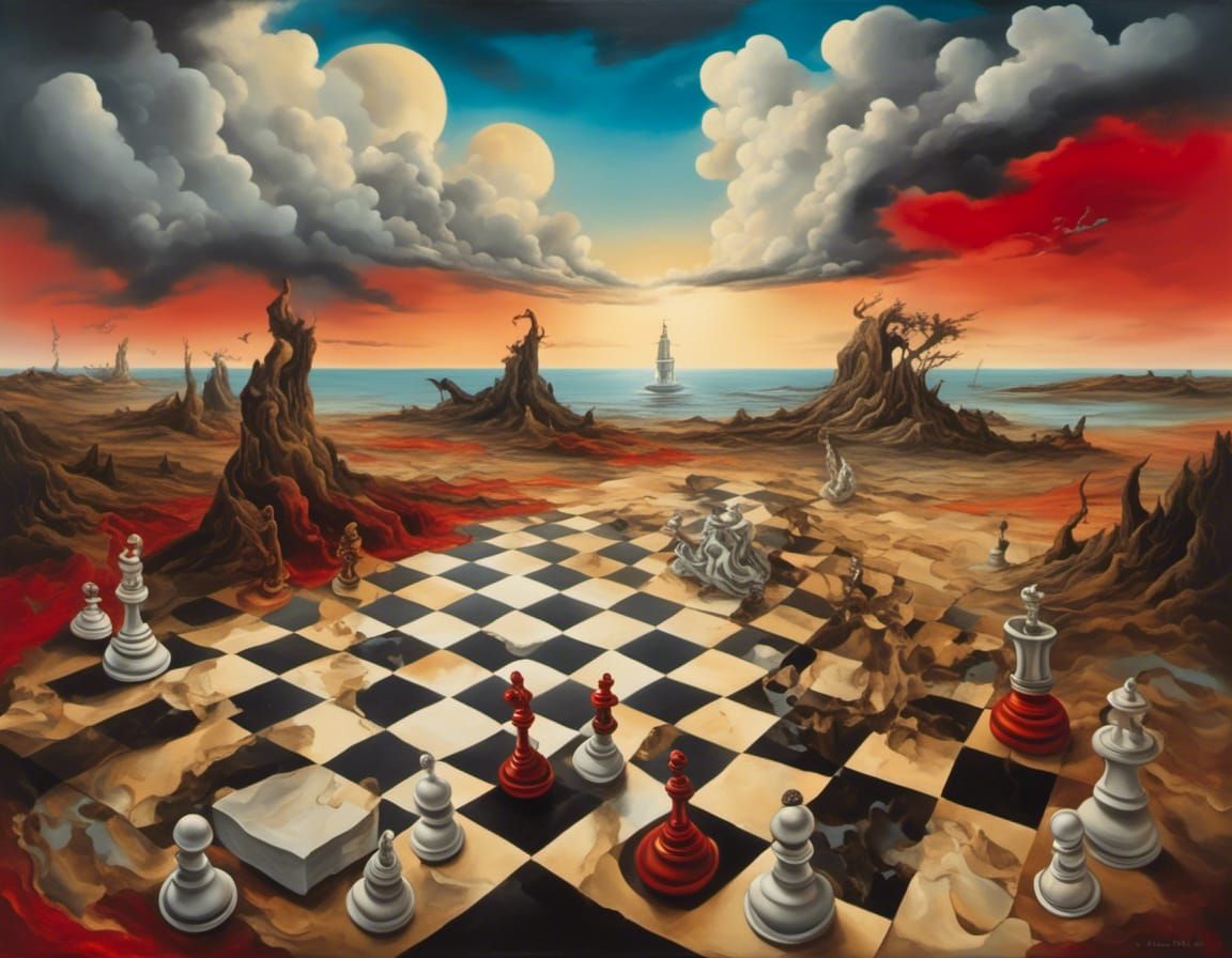 Surreal Seascape with Hearts, Mask and Chess