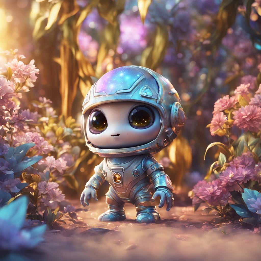 Chibi Alien in Whimsical, Dreamlike Environment