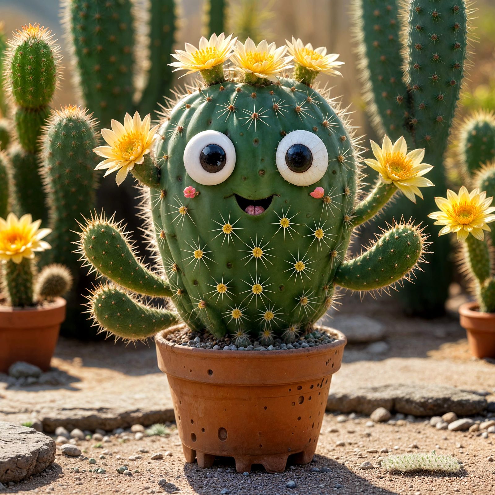 Friendly Cactus Character with Flowers and a Smile